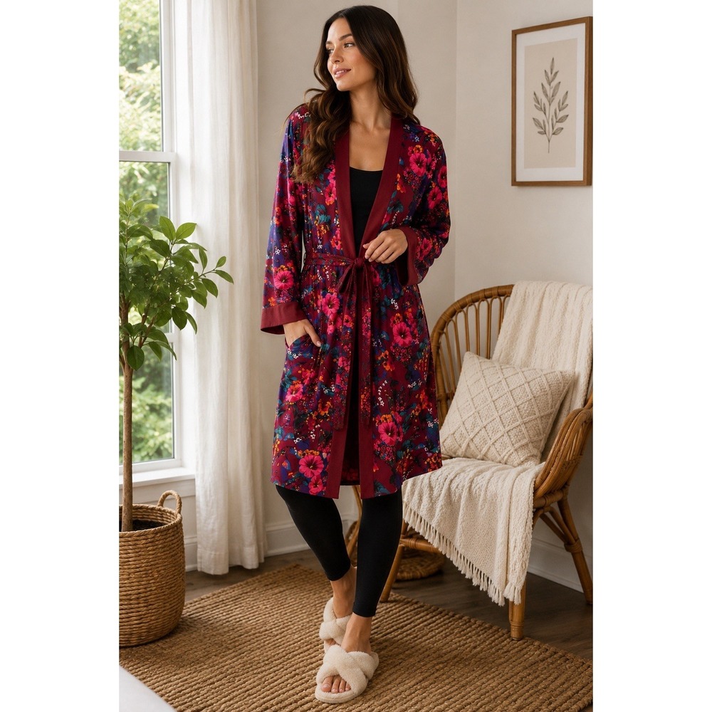 Susan Graver Floral Kimono Robe Duster Cover Up Belt Burgundy Navy L